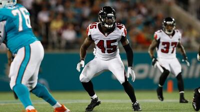 Atlanta Falcons linebacker Deion Jones shown during the pre-season against the Miami Dolphins. Aaron M Sprecher / AP