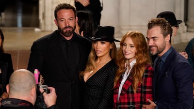 Ben Affleck, from left, Jennifer Lopez, Jessica Chastain and Gian Luca Passi de Preposulo attend the Ralph Lauren Spring 2023 Fashion Experience on Thursday, Oct. 13, 2022, at The Huntington in Pasadena, Calif. (AP Photo / Chris Pizzello)