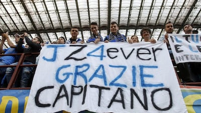 Inter Milan’s fans hold a banner which reads “JZ4 ever Thanks Captain”. “I’m crying inside with the thought of leaving these wonderful fans behind after so may years of wearing the shirt and playing as captain,” Zanetti said. Alessandro Garofalo / Reuters