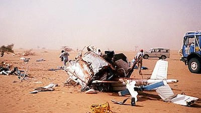 The wreckage of the helicopter in which the Dakar Rally's founder, Thierry Sabine, died along with four others when it crashed during the 1986 event.