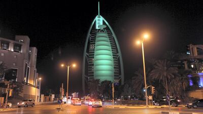 Burj Al Arab lights up in the colours of Saudi Flag to celebrate Saudi National Day. Satish Kumar for the National