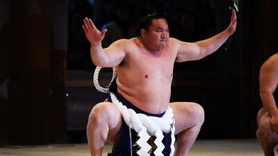 Sumo grand champion or 'yokozuna' Hakuho of Mongolia performing a ring-entering ceremony at Meiji shrine in Tokyo. AFP