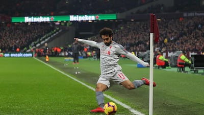 Mohamed Salah of Liverpool takes a corner kick during the Premier League match between West Ham United and Liverpool at London Stadium on February 04, 2019. Getty Images