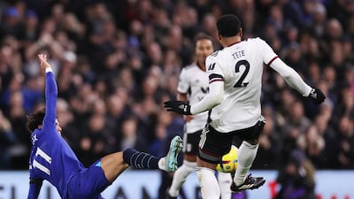 Chelsea's Joao Felix was shown a red card for this tackle on Fulham's Kenny Tete. Getty