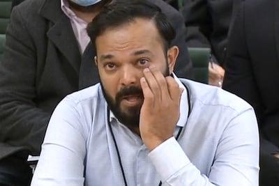 A video grab from footage broadcast by the UK Parliament's Parliamentary Recording Unit shows former Yorkshire cricketer Azeem Rafiq fighting back tears while testifying in front of a Digital, Culture, Media and Sport (DCMS) Committee in London on November 16, 2021. AFP