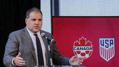 Victor Montagliani, Concacaf president, speaks during a press conference announcing a bid to host the 2026 World Cup in North America at a press conference on April 10, 2017 at the One World Trade Center in New York. The United States, Mexico and Canada announced a joint bid to stage the event, aiming to become the first three-way co-hosts. Kena Betancur / AFP