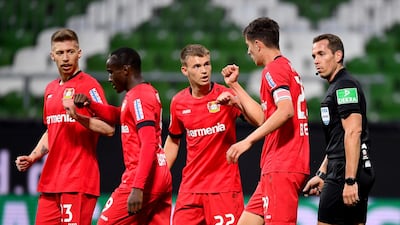 Kai Havertz celebrates with Bayer Leverkusen teammates. AP Photo