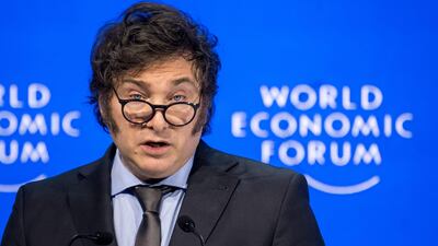 Argentina President Javier Milei delivers a speech at the recent World Economic Forum meeting in Davos. AFP
