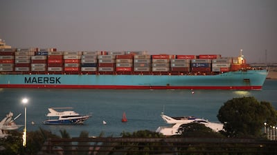 The Maersk Sentosa container ship sails south to exit the Suez Canal in Suez, Egypt, on December 21. Bloomberg