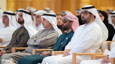 Sheikh Tahnoon bin Zayed, Deputy Ruler of Abu Dhabi and National Security Adviser, attends the national session on the fourth anniversary of the Day of Solidarity at Qasr Al Watan