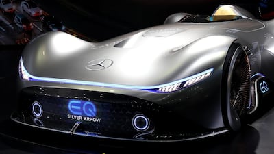 A Mercedes-Benz Vision EQ Silver Arrow concept vehicle sits on display. Seong Joon Cho / Bloomberg