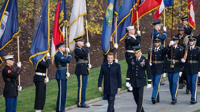 Mr Macron arrives for a wreath-laying ceremony at the Tomb of the Unknown Soldier while visiting Arlington National Cemetery in Arlington, Virginia. AFP