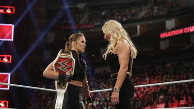Ronda Rousey, left, and Charlotte Flair are two of the women, along with Becky Lynch, competing in the first women's main event at a WrestleMania. Image courtesy of WWE