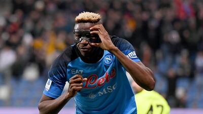 Victor Osimhen celebrates after scoring for Napoli. AFP