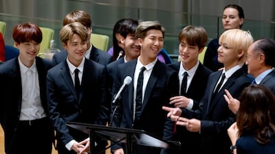 Members of the Korean K-Pop group BTS attend a meeting at the U.N. high level event regarding youth during the 73rd session of the United Nations General Assembly. AP Photo