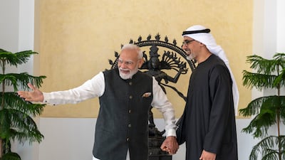 Sheikh Khaled bin Mohamed, Crown Prince of Abu Dhabi, meets Narendra Modi, Prime Minister of India, in New Delhi, where they discussed bilateral national friendship and co-operation. Photo: Abu Dhabi Media Office