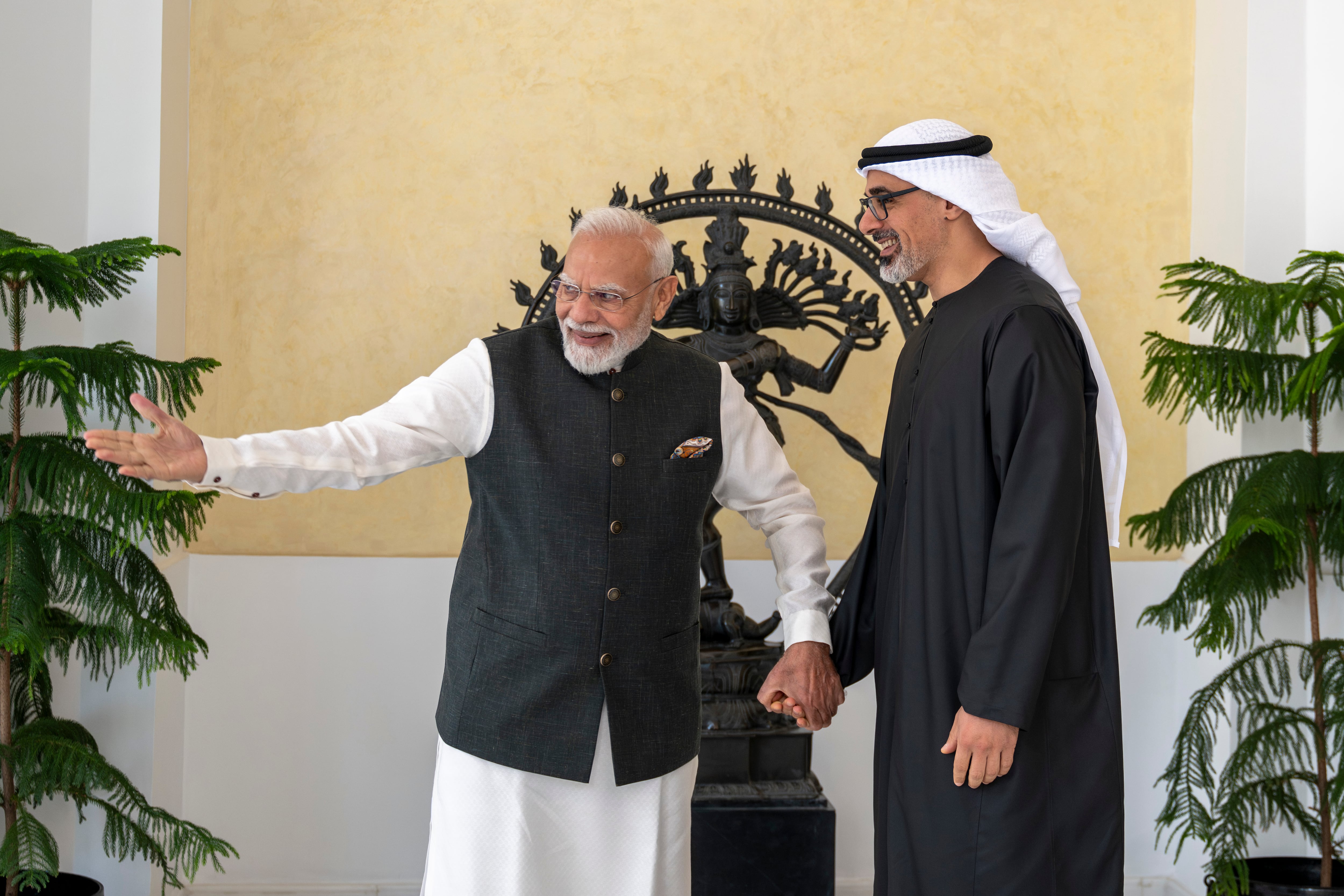 Sheikh Khaled bin Mohamed, Crown Prince of Abu Dhabi, meets Narendra Modi, Prime Minister of India, in New Delhi, where they discussed bilateral national friendship and co-operation. Photo: Abu Dhabi Media Office