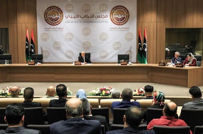 Aguila Saleh Issa, speaker of Libya's (until Saturday) Tobruk-based House of Representatives which was elected in 2014, chairs the first session for the assembly at its new headquarters in the second city of Benghazi. AFP