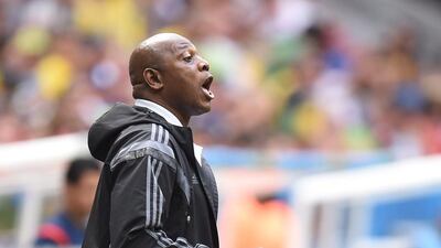 Head coach Stephen Keshi of Nigeria reacts during the FIFA World Cup 2014 round of 16 match between France and Nigeria at the Estadio Nacional in Brasilia, Brazil, 30 June 2014.