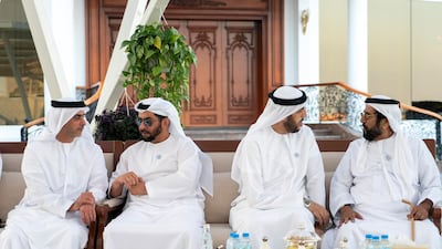 From left: Lt General Sheikh Saif bin Zayed, UAE Deputy Prime Minister and Minister of Interior; Sheikh Hamdan bin Zayed, Ruler’s Representative in Al Dhafra Region; Sheikh Abdullah bin Rashid, Deputy Ruler of Umm Al Quwain; and Sheikh Tahnoon bin Mohamed, Ruler's Representative in Al Ain Region, attend a Sea Palace barza. Rashed Al Mansoori / Ministry of Presidential Affairs