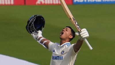 India's Yashasvi Jaiswal celebrates his double celebrates on the second day of the second test match between India and England, in Visakhapatnam, India, Saturday, Feb. 3, 2024. (AP Photo / Manish Swarup)