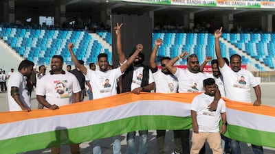 Crowds cheering ahead of Rahul Gandhi's speech today at Dubai International Cricket Stadium. Reem Mohammed / The National