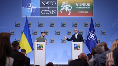 Ukrainian President Volodomyr Zelenskyy and Nato Secretary General Jens Stoltenberg speak to the media at the Nato Summit in July 2023, in Vilnius, Lithuania. Getty Images