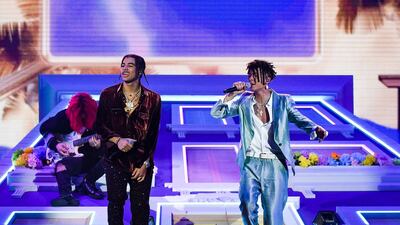 24KGoldn and Iann Dior perform during the American Music Awards at the Microsoft Theatre on November 22, 2020 in Los Angeles. AP