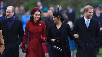 Prince William, Catherine, Meghan, Duchess of Sussex and Prince Harry arrive for the Christmas Day church service on the Sandringham Estate in 2018
