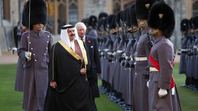 King Hamad and King Charles inspect the Guard of Honour formed of the 1st Battalion Welsh Guards. PA