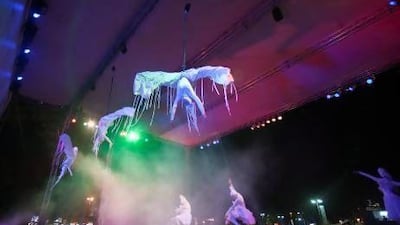Performers on stage in the play "Sinbad" during the opening night of the Sharjah Water Festival.