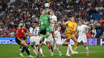 Spain's goalkeeper Sandra Panos in action against England's Alex Greenwood and Mary Earps, in their Euro 2022 quarter final match at the Amex Stadium, Brighton, on England's south coast. England beat Spain 2-1, after extra time. Reuters