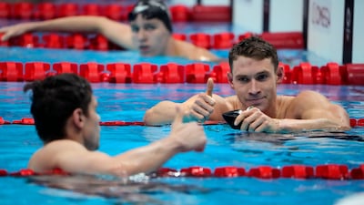 The United States' Ryan Murphy, right, gives a thumbs up to Evgeny Rylov, of Russian Olympic Committee, after Rylov won the men's 200-metre backstroke final.
