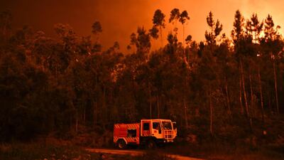 Firefighters rest during a wildfire at Penela, Coimbra, central Portugal. AFP