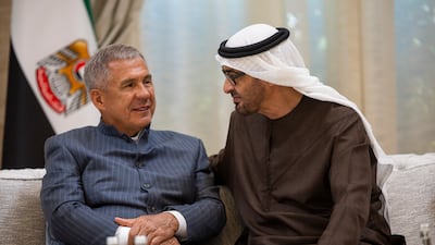 President Sheikh Mohamed receives condolences from Rustam Minnikhanov, President of Tatarstan, on the passing of Sheikh Tahnoon bin Mohammed, Ruler's Representative in Al Ain Region, at Al Mushrif Palace. Ryan Carter / UAE Presidential Court