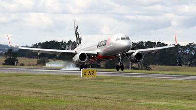 The first quarantine-free trans-Tasman flight from Sydney touches down in Auckland, New Zealand. Getty