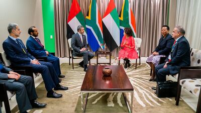 Sheikh Abdullah bin Zayed and the UAE delegation in South Africa meet with Lindiwe Sisulu, Minister of International Relations and Co-operation of South Africa. MOFAIC / Wam
