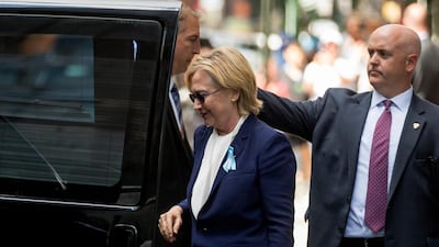 Democratic presidential candidate Hillary Clinton departs for a September 11 anniversary ceremony in New York Andrew Harnik / AP Photo