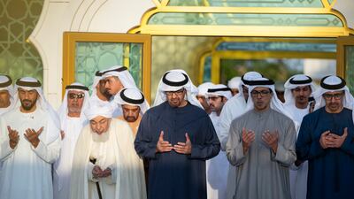 President Sheikh Mohamed with senior officials including Sheikh Mansour bin Zayed, Vice President, Deputy Prime Minister and Chairman of the Presidential Court, and Sheikh Abdullah bin Zayed, Deputy Prime Minister and Minister of Foreign Affairs. Abdulla Al Bedwawi / UAE Presidential Court