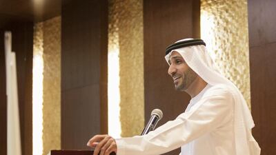 Dr Saeed Mohammed Al Ghafli, the assistant undersecretary for FNC Affairs, speaks on the theme of ‘Culture of political participation and empowerment programme of the Federal National Council’ in Fujairah yesterday. Reem Falaknaz / The National