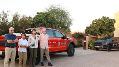 The team pose with the second support vehicle for the trip, nicknamed "the beast" by head of logistics Alan Morrissey. Photo: Osama Farhan / British Embassy Riyadh