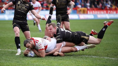 Hull Kingston Rovers' Kane Linnett scores their first try against Leigh Centurions in the Challenge Cup fifth round at Hull College Craven Park. Reuters