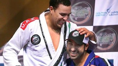 Faisal Al Ketbi, left, took home a pair of gold medals and Yahia Al Hamadi a bronze in the finals on Saturday night, as they were among the many winners at the World Professional Jiu-Jitsu Championship in Abu Dhabi.