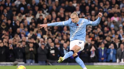 City striker Erling Haaland misses from the spot against Liverpool. Getty Images