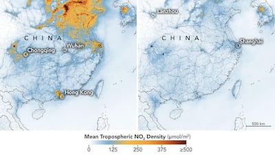 Maps show nitrogen dioxide (NO2) values across China from January 1-20, 2020 (before the quarantine) and February 10-25 (during the quarantine) which illustrates a significant decrease in NO2 over China. NASA / Earth Observatory / AFP