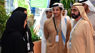 Sheikh Mohammed bin Rashid and Sheikh Mansour bin Zayed tour ADSW. Wam