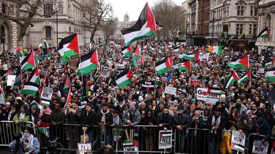 Protestors gather near parliament in London. Getty Images