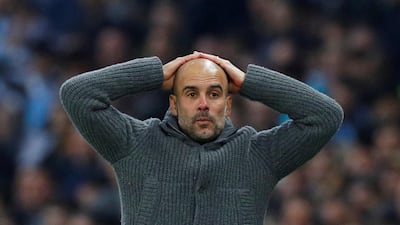 Manchester City manager Pep Guardiola reacts after Raheem Sterling's goal is ruled out for offside. Reuters