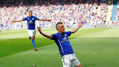 Jamie Vardy of Leicester City celebrates after scoring the team's fourth goal against Manchester United. Clive Rose / Getty Images