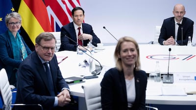 EU High Representative and Vice-President for Foreign Affairs and Security Policy Kaja Kallas, second right, Germany's Foreign Minister Johann Wadephul, second left, Britain's Foreign Secretary Yvette Cooper, left, and US Secretary of State Marco at G7 talks in France. AFP
